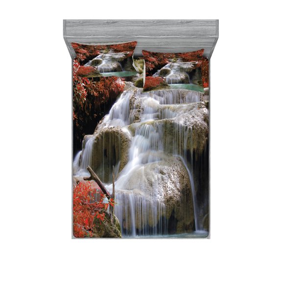 Ambesonne Landscape Fitted Sheet & Pillow Sham Set, Fall Trees with Rock, Full, Red White and Pale Brown