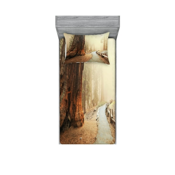 Ambesonne Landscape Fitted Sheet & Pillow Sham Set, Foggy Forest Woods, Twinxl, Brown