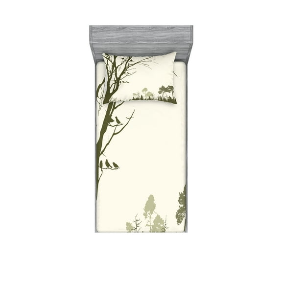 Ambesonne Landscape Fitted Sheet & Pillow Sham Set, Forest Birds on Tree, Twin, Olive Green Cream