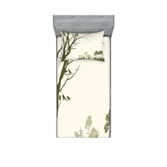Ambesonne Landscape Fitted Sheet & Pillow Sham Set, Forest Birds on Tree, Twinxl, Olive Green Cream