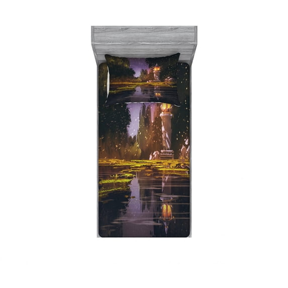Ambesonne Landscape Fitted Sheet & Pillow Sham Set, Forest Night Swamp Art, Twin, Multicolor