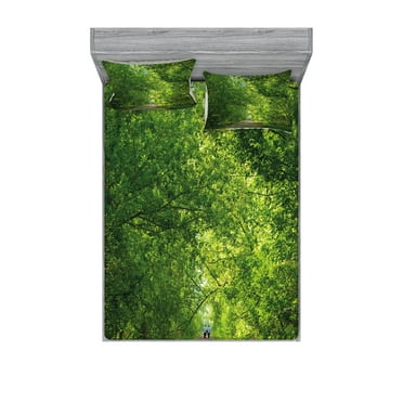 Ambesonne Landscape Fitted Sheet & Pillow Sham Set, Fresh Canopy Forest, Queen, Green
