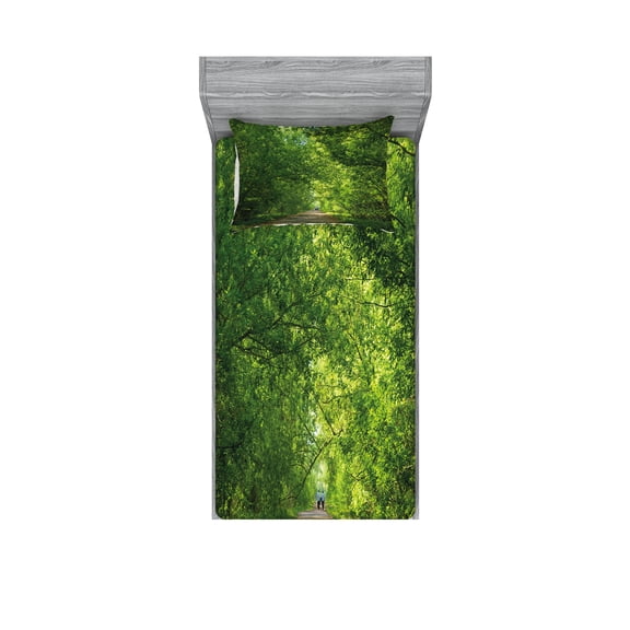 Ambesonne Landscape Fitted Sheet & Pillow Sham Set, Fresh Canopy Forest, Twin, Green