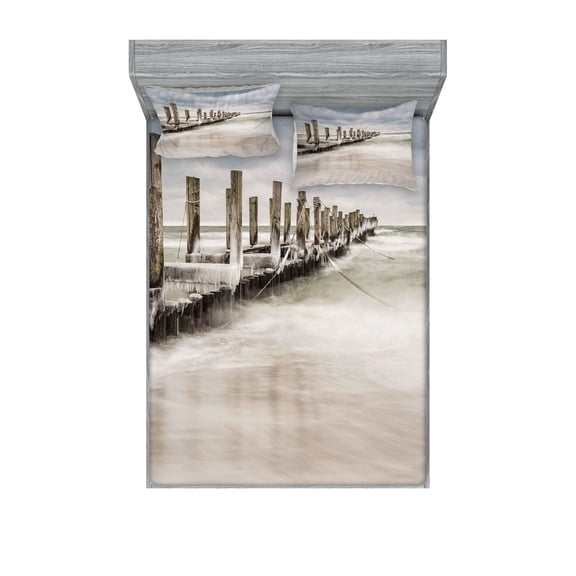 Ambesonne Landscape Fitted Sheet & Pillow Sham Set, Groyne Zingst Germany, Queen, Pale Blue White Tan
