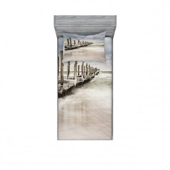 Ambesonne Landscape Fitted Sheet & Pillow Sham Set, Groyne Zingst Germany, Twin, Pale Blue White Tan