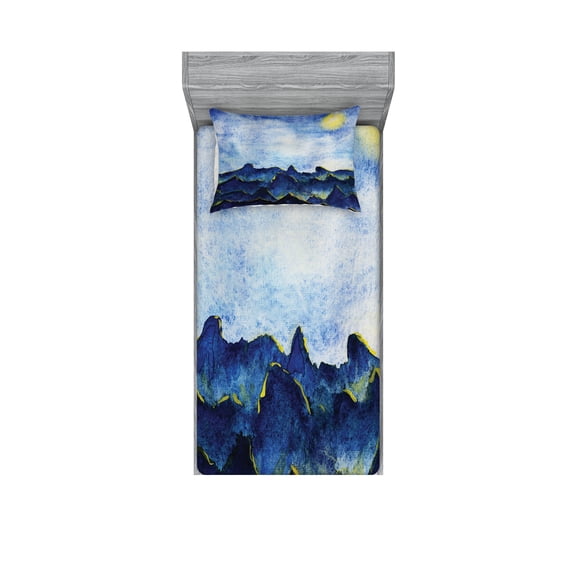 Ambesonne Landscape Fitted Sheet & Pillow Sham Set, Hills Cloud Sky, Twinxl, Yellow Blue