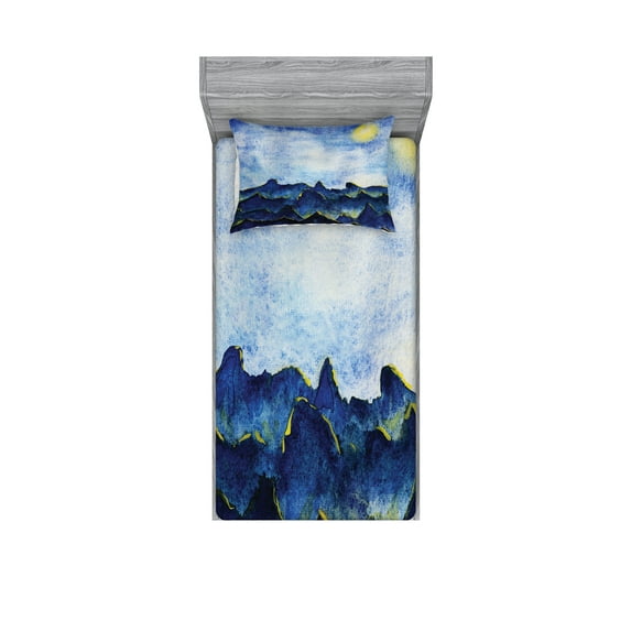 Ambesonne Landscape Fitted Sheet & Pillow Sham Set, Hills Cloud Sky, Twinxl, Yellow Blue