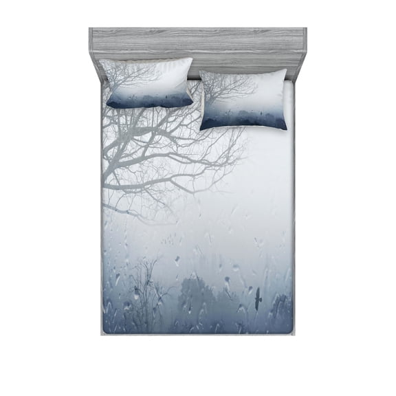 Ambesonne Landscape Fitted Sheet & Pillow Sham Set, Idyllic Forest Rain View, Full, Dark Slate Blue Grey