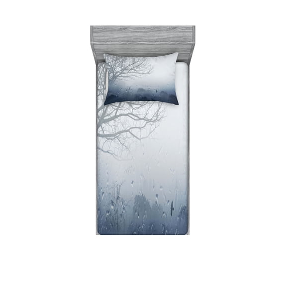 Ambesonne Landscape Fitted Sheet & Pillow Sham Set, Idyllic Forest Rain View, Twinxl, Dark Slate Blue Grey