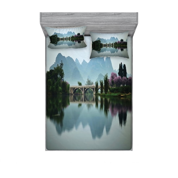 Ambesonne Landscape Fitted Sheet & Pillow Sham Set, Japanese Lake View, Queen, Multicolor