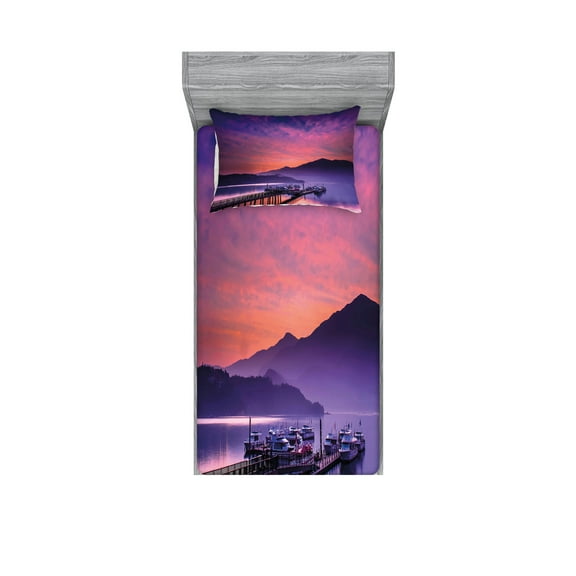 Ambesonne Landscape Fitted Sheet & Pillow Sham Set, Lake in Nantou Taiwan, Twin, Pink Purple