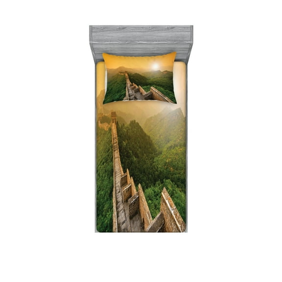 Ambesonne Landscape Fitted Sheet & Pillow Sham Set, Landscape, Twin, Green Earth Yellow