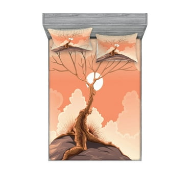 Ambesonne Landscape Fitted Sheet & Pillow Sham Set, Lonely Tree on Cliff, Queen, Orange Brown