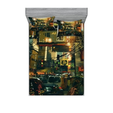 Ambesonne Landscape Fitted Sheet & Pillow Sham Set, Metropolitan Colorful, Full, Multicolor