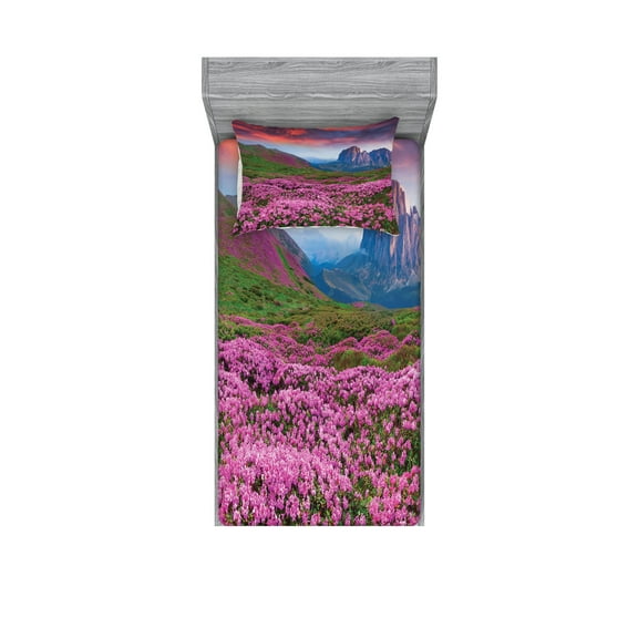 Ambesonne Landscape Fitted Sheet & Pillow Sham Set, Mountain Village Fall, Twinxl, Pink Green