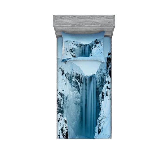 Ambesonne Landscape Fitted Sheet & Pillow Sham Set, Mountains with Snow, Twin, Petrol Blue