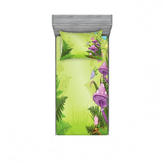 Ambesonne Landscape Fitted Sheet & Pillow Sham Set, Mushroom Flower Magic, Twin, Green Purple