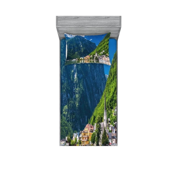 Ambesonne Landscape Fitted Sheet & Pillow Sham Set, Natural View Austria, Twin, Green Blue White
