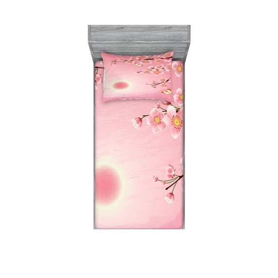 Ambesonne Landscape Fitted Sheet & Pillow Sham Set, Nature Blossom Tree, Twinxl, Pink Yellow