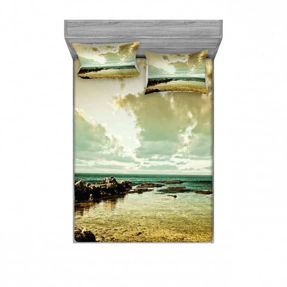 Ambesonne Landscape Fitted Sheet & Pillow Sham Set, Ocean Island Scenery, Full, Beige Sepia Teal
