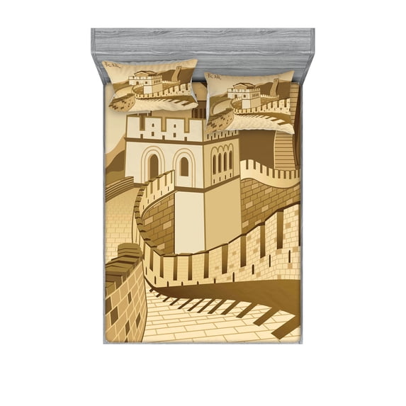 Ambesonne Landscape Fitted Sheet & Pillow Sham Set, Old Cultural Heritage, Full, Cream