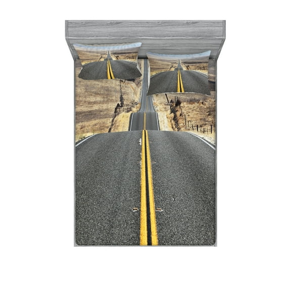 Ambesonne Landscape Fitted Sheet & Pillow Sham Set, Pacific Coast Road, Queen, Grey