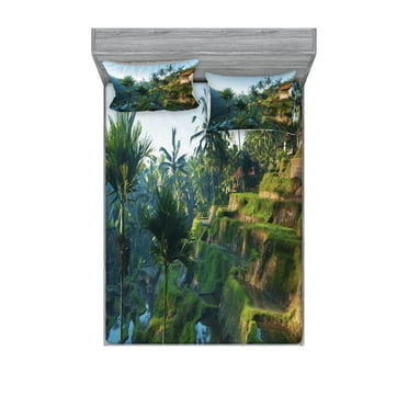Ambesonne Landscape Fitted Sheet & Pillow Sham Set, Palm Trees Morning, Queen, Green