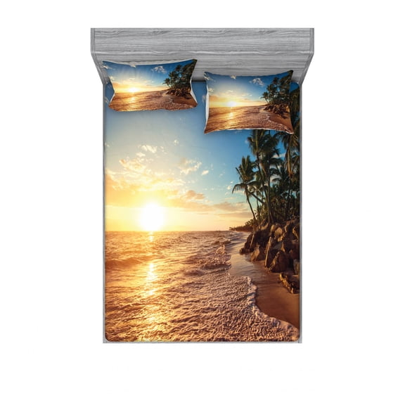 Ambesonne Landscape Fitted Sheet & Pillow Sham Set, Palm Trees on Beach, Queen, Blue Yellow Brown