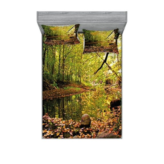 Ambesonne Landscape Fitted Sheet & Pillow Sham Set, Pine River in Autumn, Full, Green Yellow Cinnamon