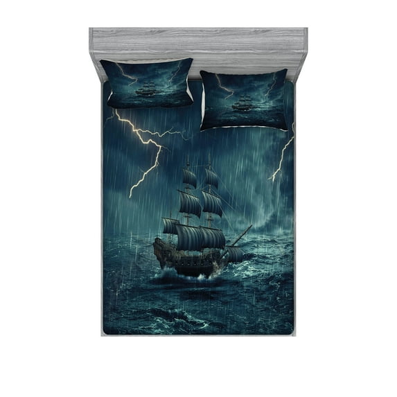Ambesonne Landscape Fitted Sheet & Pillow Sham Set, Pirate Vintage Ship, Queen, Dark Cadet Blue White