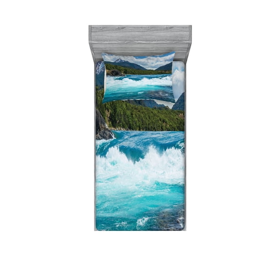 Ambesonne Landscape Fitted Sheet & Pillow Sham Set, River Cloudy Mountain, Twinxl, White Green Grey