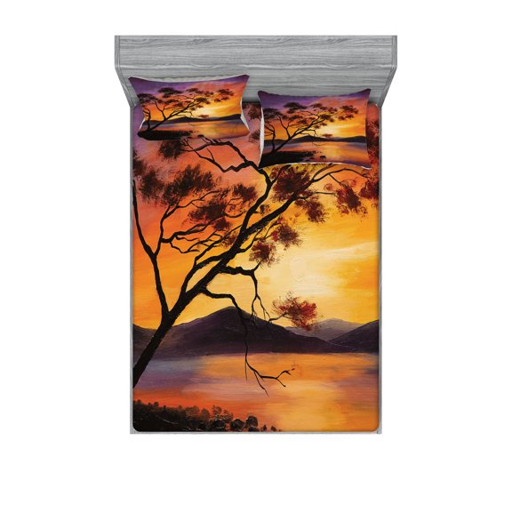 Ambesonne Landscape Fitted Sheet & Pillow Sham Set, River Mountain Sunset, Full, Burnt Orange Purple