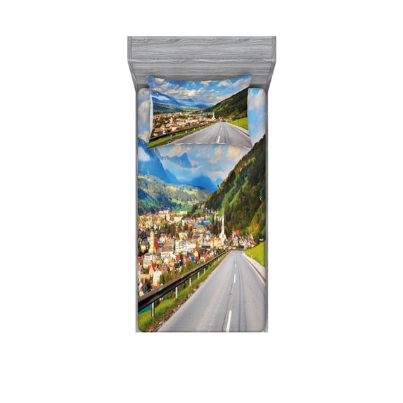 Ambesonne Landscape Fitted Sheet & Pillow Sham Set, Road Alps Small Town, Twinxl, Multicolor