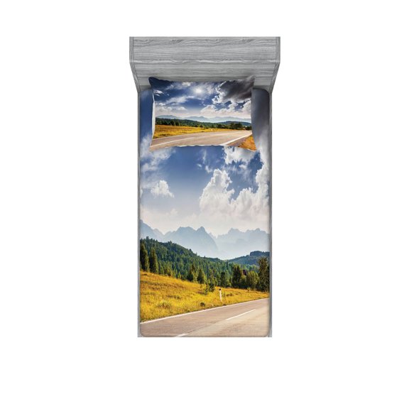 Ambesonne Landscape Fitted Sheet & Pillow Sham Set, Road Hot Sunny Road, Twin, Amber Taupe Green