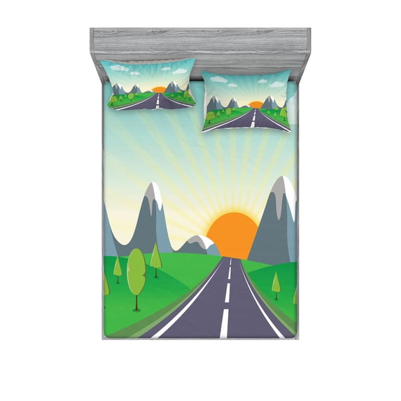 Ambesonne Landscape Fitted Sheet & Pillow Sham Set, Road Trip Forest, Queen, Multicolor