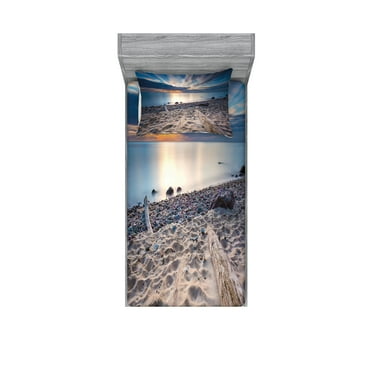 Ambesonne Landscape Fitted Sheet & Pillow Sham Set, Rocky Sea Shore Trees, Twinxl, Blue and Beige