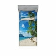 thumbnail image 1 of Ambesonne Landscape Fitted Sheet & Pillow Sham Set, Sea Palms Mountains, Twin, Blue Cream Green, 1 of 2
