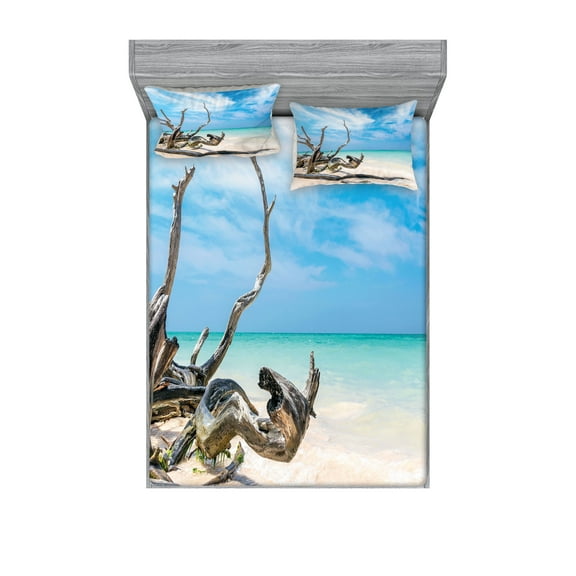 Ambesonne Landscape Fitted Sheet & Pillow Sham Set, Seascape Sandy Beach, Full, Turquoise Sky Blue