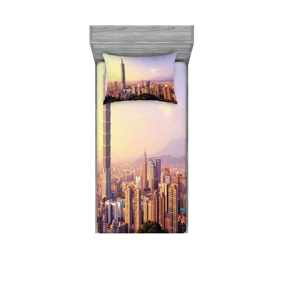 Ambesonne Landscape Fitted Sheet & Pillow Sham Set, Skyline Taipei Taiwan, Twinxl, Multicolor