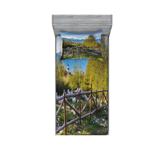 Ambesonne Landscape Fitted Sheet & Pillow Sham Set, Snowy Alps Mountain, Twinxl, Green Blue