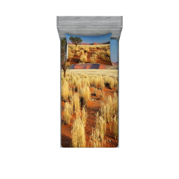 Ambesonne Landscape Fitted Sheet & Pillow Sham Set, South Africa Desert, Twinxl, Sky Blue and Marigold