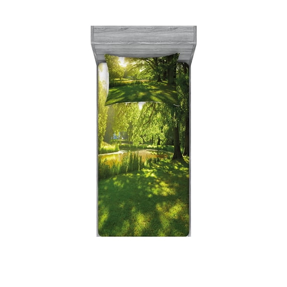 Ambesonne Landscape Fitted Sheet & Pillow Sham Set, Summer Park Hamburg, Twinxl, Green