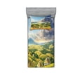 thumbnail image 1 of Ambesonne Landscape Fitted Sheet & Pillow Sham Set, Summer Rural Houses, Twinxl, Green White Blue, 1 of 2