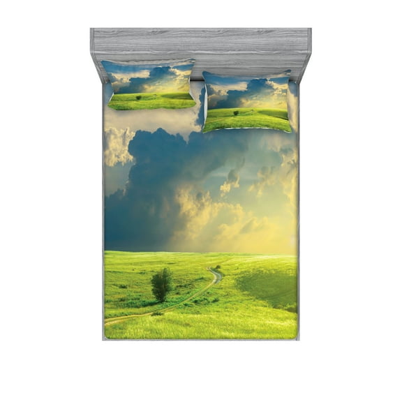 Ambesonne Landscape Fitted Sheet & Pillow Sham Set, Summer Spring Rural, Full, Blue Green
