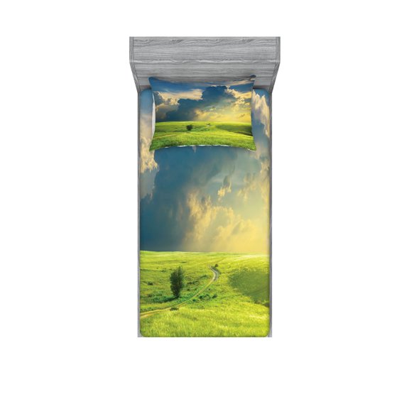 Ambesonne Landscape Fitted Sheet & Pillow Sham Set, Summer Spring Rural, Twin, Blue Green