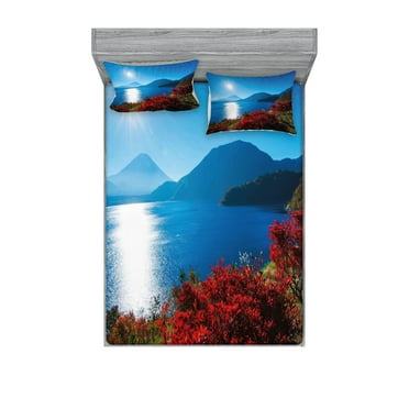 Ambesonne Landscape Fitted Sheet & Pillow Sham Set, Sunny Autumn Mountain, Queen, Blue and Red