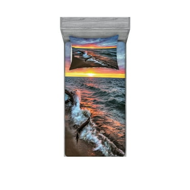 Ambesonne Landscape Fitted Sheet & Pillow Sham Set, Sunset Horizon Lake, Twinxl, Blue Grey Orange