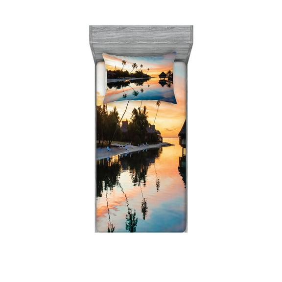 Ambesonne Landscape Fitted Sheet & Pillow Sham Set, Sunset Moorea Island, Twinxl, Yellow Coral Blue