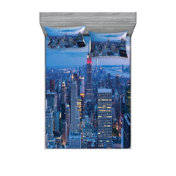 Ambesonne Landscape Fitted Sheet & Pillow Sham Set, Sunset in NYC Photo, Full, Blue