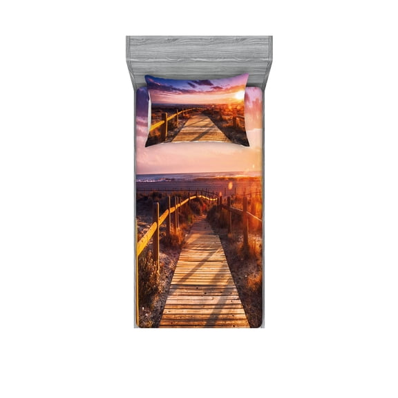 Ambesonne Landscape Fitted Sheet & Pillow Sham Set, Sunset in Nature Park, Twinxl, Multicolor